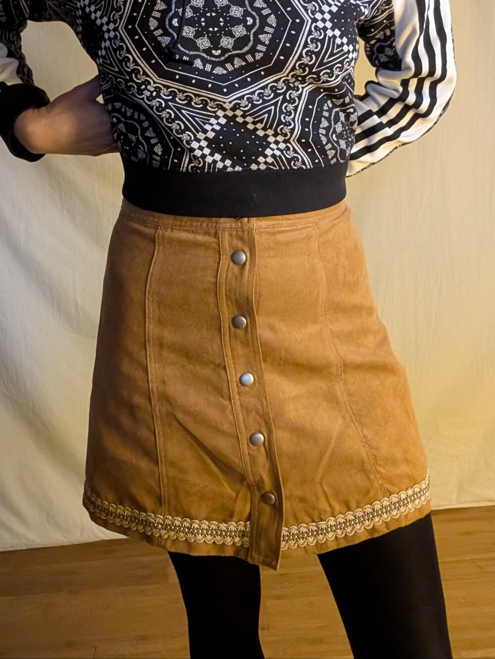 Women's Button-Front Camel Suede Mini Skirt